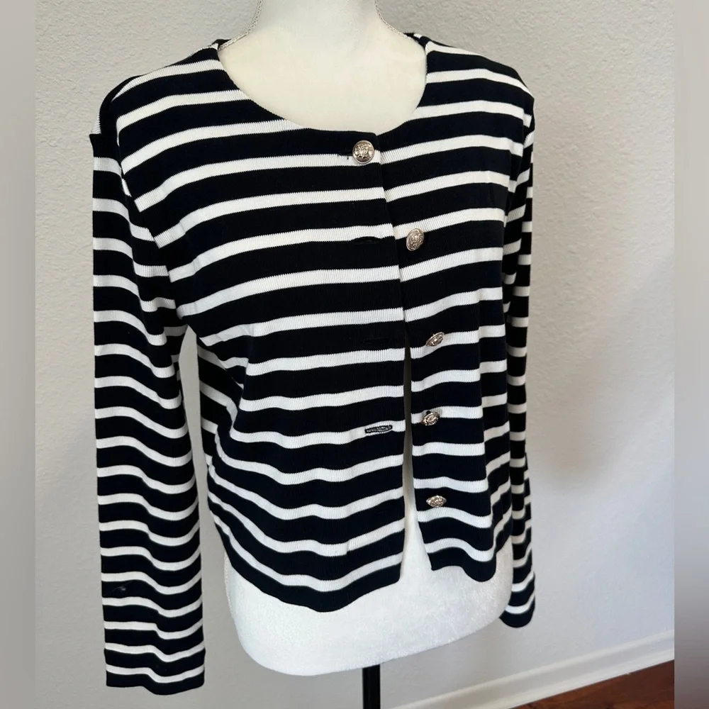 Ann Taylor Striped Cardigan in Blue & White - Picture 2 of 6